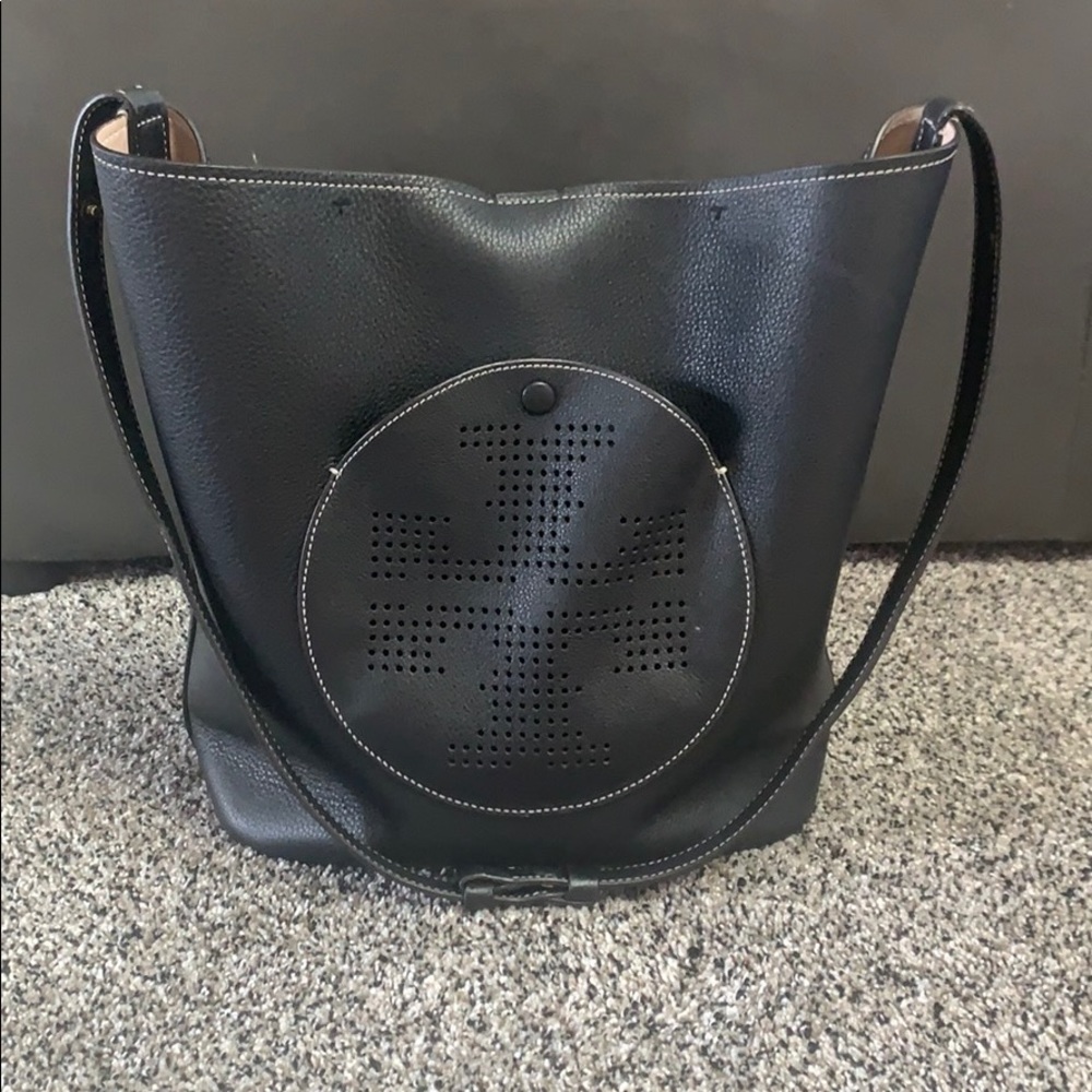 Tory Burch black leather bag w perforated logo